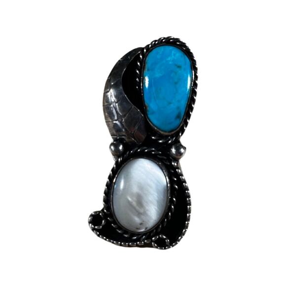Huge Vintage Sterling Silver Mother of Pearl Turquoise Ring Southwestern Sz 6.25 - Picture 6 of 6